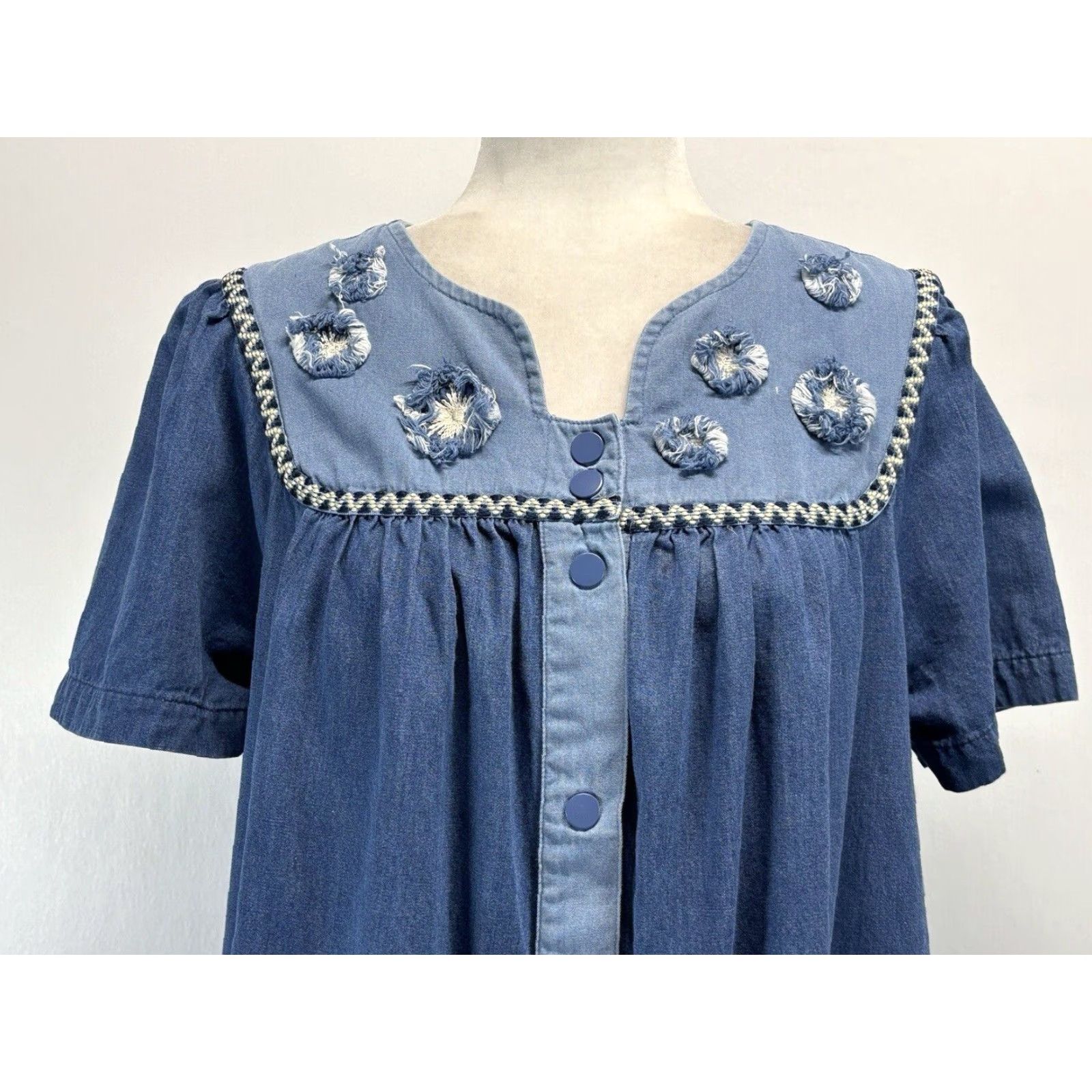 Vintage Go Softly Patio Chambray Cotton Patchwork Midi Dress with Pockets Women's Small Blue Casual Kaftan Size S / US 4 / IT 40 - 5 Thumbnail