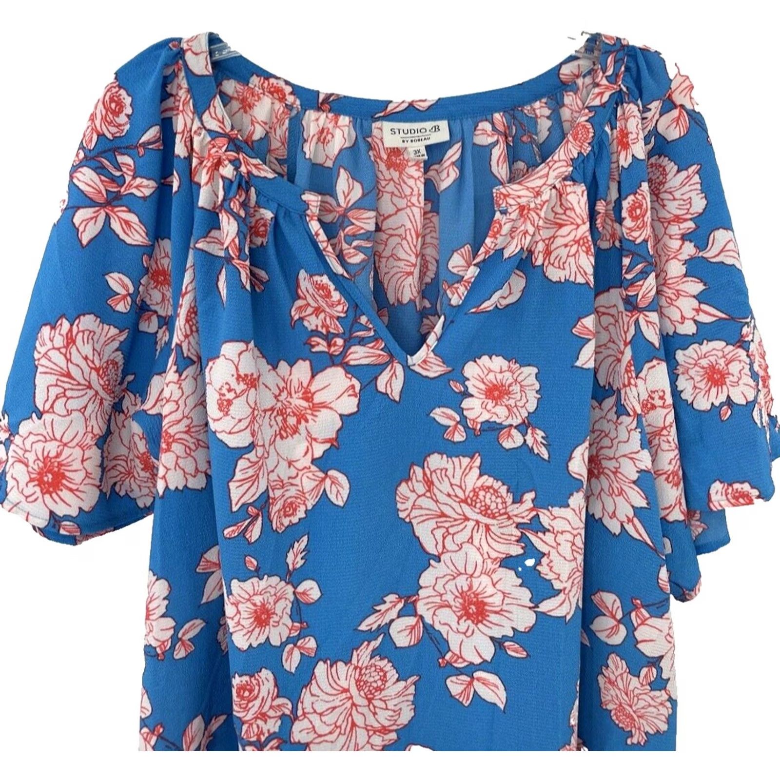 Vintage Bobeau Plus Size Turquoise Blue Floral Peasant Flutter Sleeve Top 3x Size XXL / US 16-18 / IT 52-54 - 2 Thumbnail