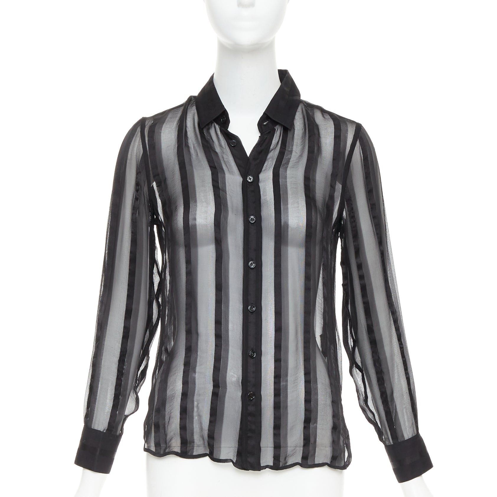 Saint Laurent Paris SAINT LAURENT 2013 black 100% silk vertical stripes sheer collared shirt FR36 S Size S / US 4 / IT 40 - 1 Thumbnail