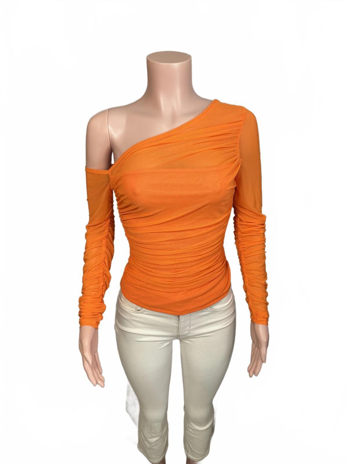 Shein Orange One-Shoulder Long Sleeve Ruched Top. Size M Size M / US 6-8 / IT 42-44 - 4 Thumbnail