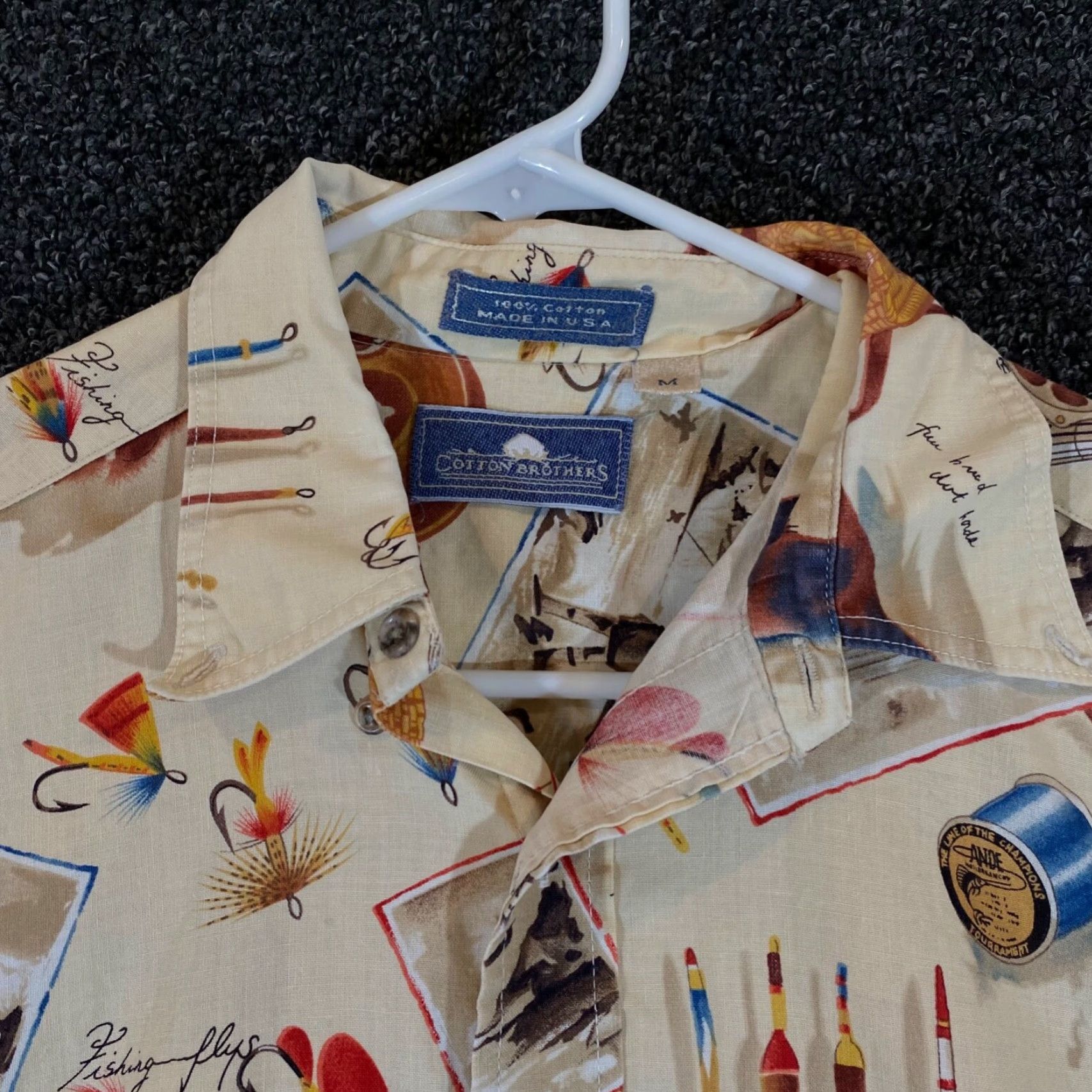 Vintage Cotton Brothers Shirt Mens Size Medium White Brown Fishing Lures Reels Fish Size US M / EU 48-50 / 2 - 2 Thumbnail