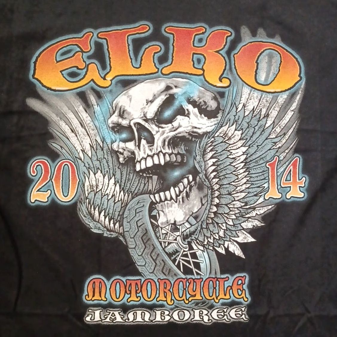 Gildan VINTAGE Elko Motorcycle Jamboree T Shirt Men Large Black Graphic Skull Short Sleeve 2014 Size US L / EU 52-54 / 3 - 2 Thumbnail