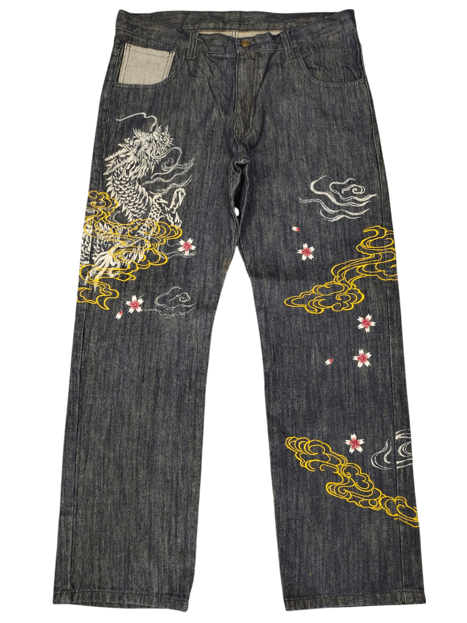Karakuri Tamashii Vintage Vomanie Japan Dragon Sakura Embroidered Denim Jeans Size US 38 / EU 54 - 1 Thumbnail