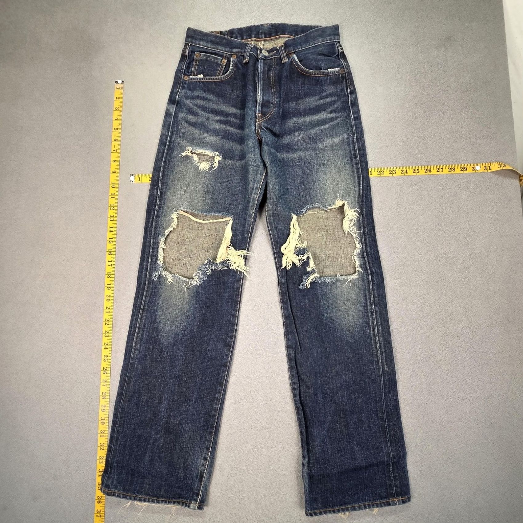Edwin Edwin Jeans Mens Selvedge Blue Destroyed Straight Baggy Japan 505SX Fits 27x30 Size US 27 - 2 Thumbnail