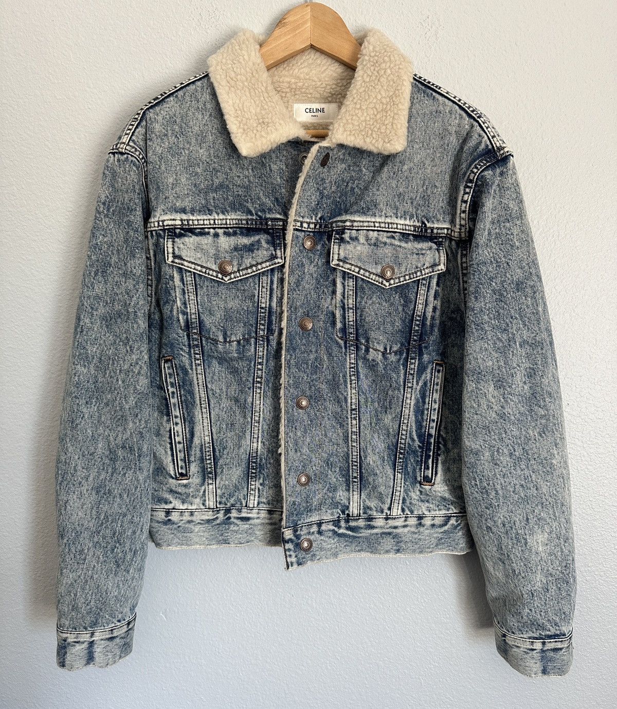 Image of Celine Oversized Fleece Denim Trucker Jacket in Blue, Men's (Size XS)