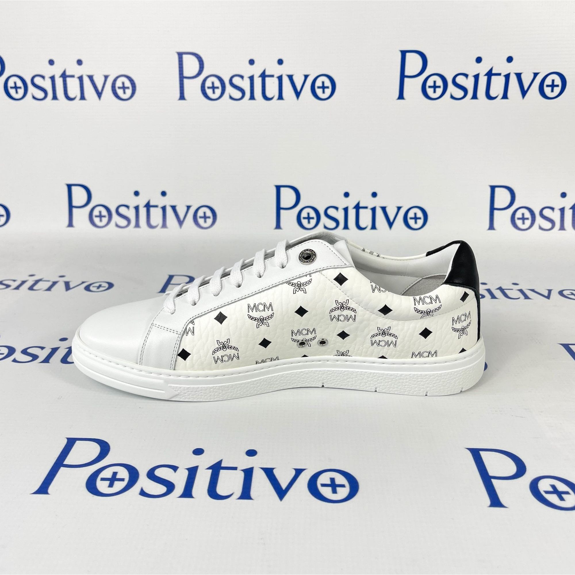 image of MCM Terrain Derby Visetos White Leather Low Top Sneakers, Men's (Size 9)