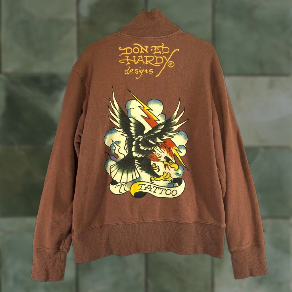 Ed Hardy VINTAGE Ed Hardy Sweatshirt Full Zip Brown Mock Neck Eagle Dragon New York City XL Mens Size US XL / EU 56 / 4 - 1 Thumbnail