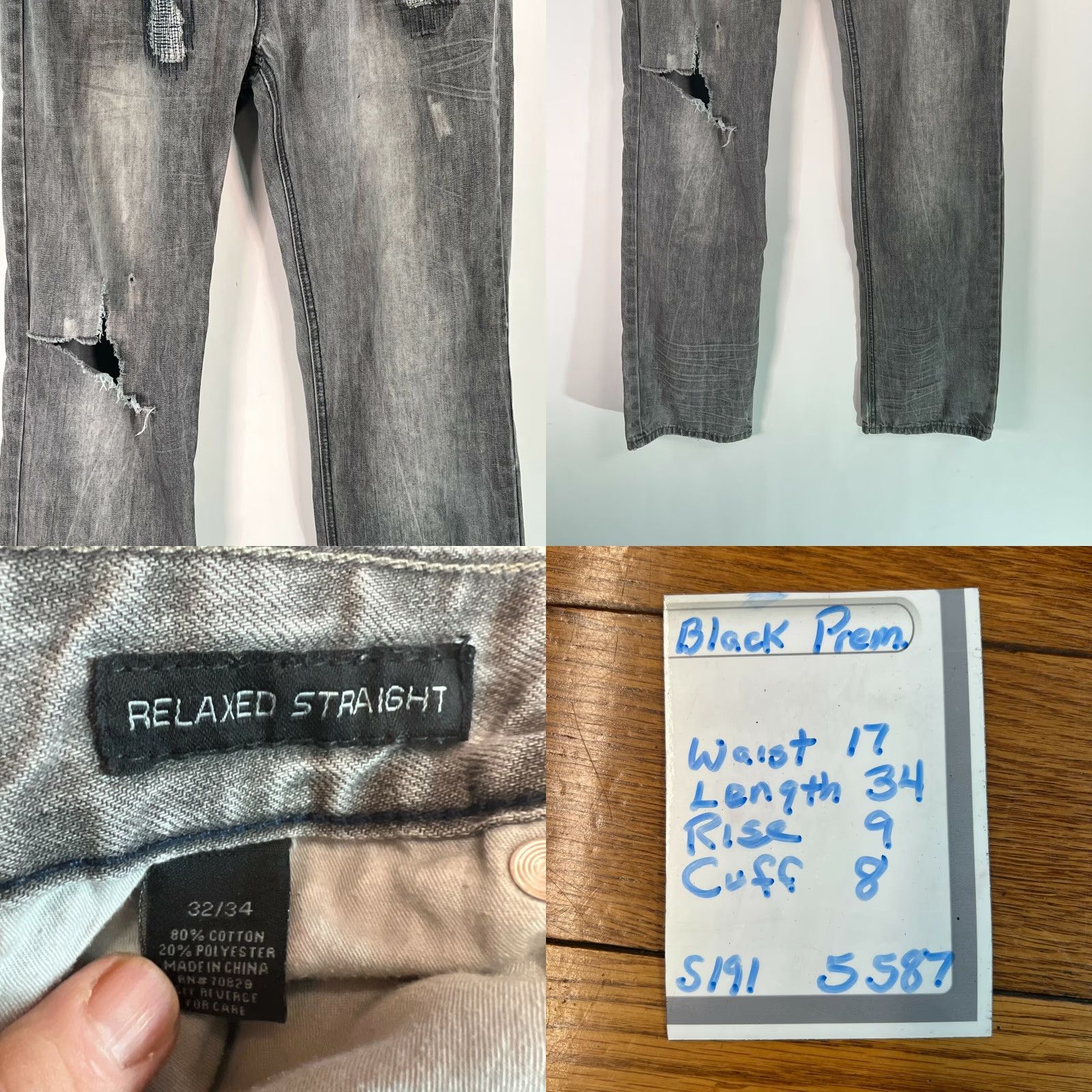 Denime Black Premium Mens Relaxed Fit Straight Distressed Gray Denim Jeans Size 32/34 - 5-Pocket Belt Loops Button Closure Denim Jeans Gray Mens Regular XS? Size US 34 / EU 50 - 8 Thumbnail