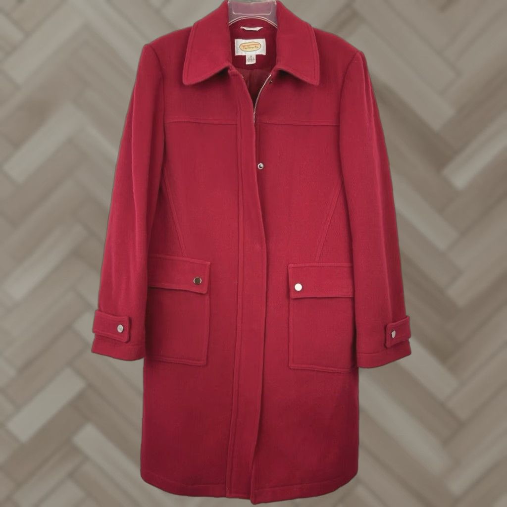 VINTAGE Talbots Coat Womens 12 Red Italian Wool Long Zip Button Collared