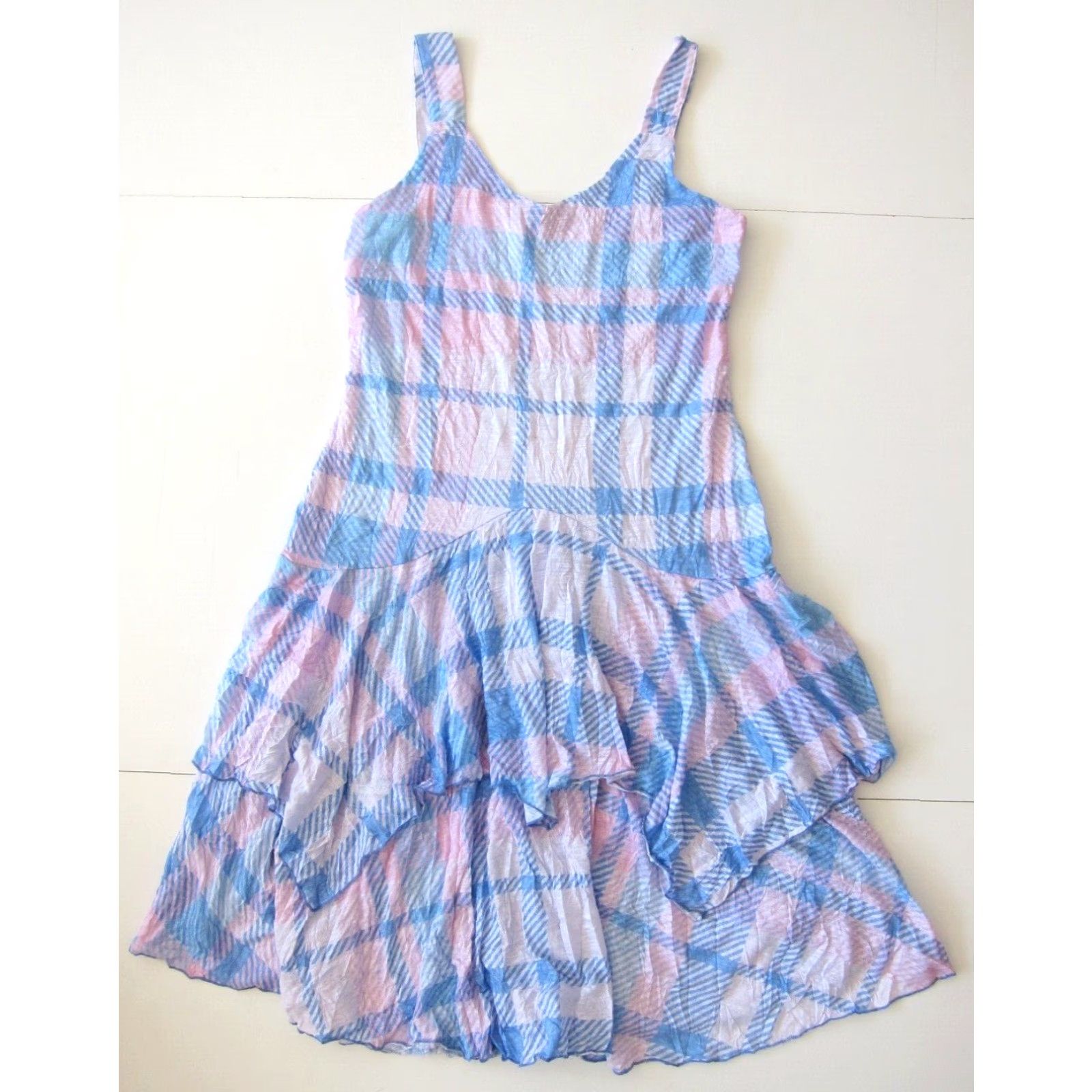 Pinko Carine Pink Blue White Plaid Rayon Striped Layered Tank Dress Women Medium Size M / US 6-8 / IT 42-44 - 2 Thumbnail