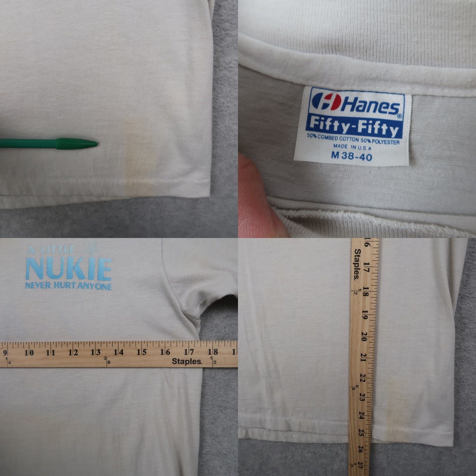 Hanes Vintage Nuke Never Hurt Anyone Nuclear BSEP T-Shirt Mens M Medium Ivory USA Size US M / EU 48-50 / 2 - 8 Thumbnail