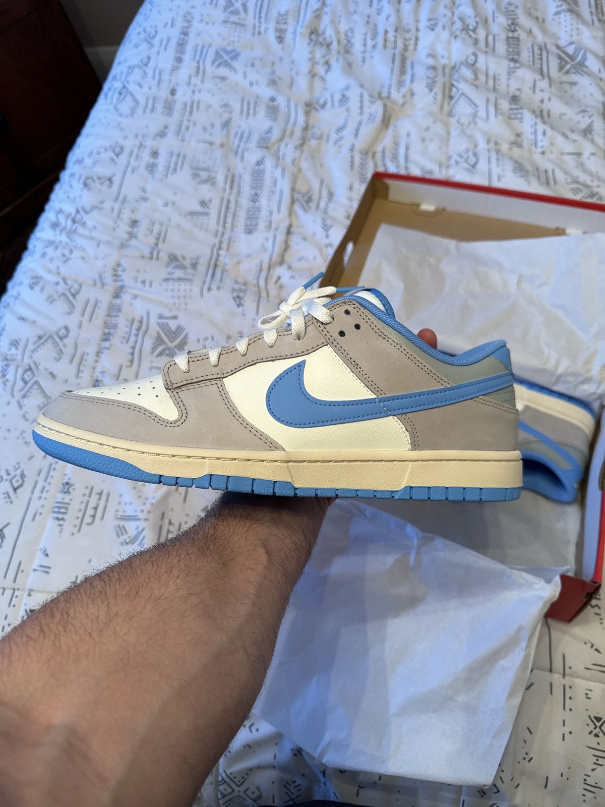 image of Nike Dunk Low Athletic Department University Blue Shoes in White, Men's (Size 11.5)