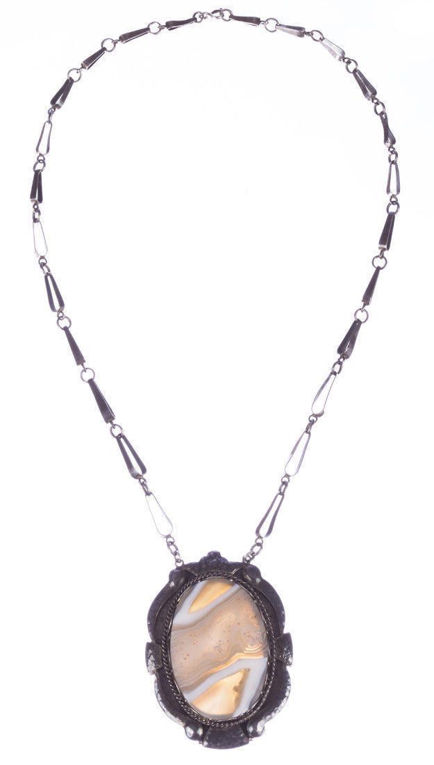 Designer Russian Sterling Silver Gray and White Bezel Agate Necklace Size ONE SIZE - 2 Thumbnail