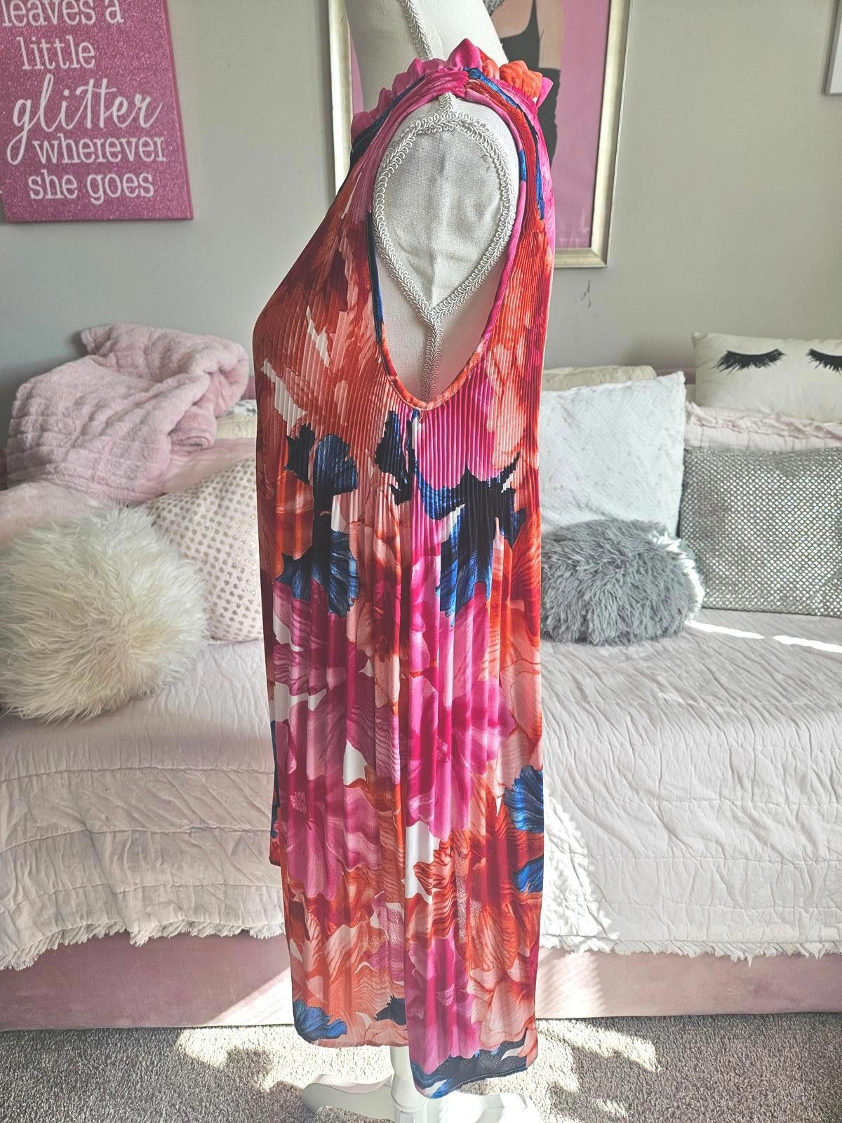 chloma Chloe+Rene Vibrant Floral Pleated Dress #370 Size L / US 10 / IT 46 - 2 Thumbnail