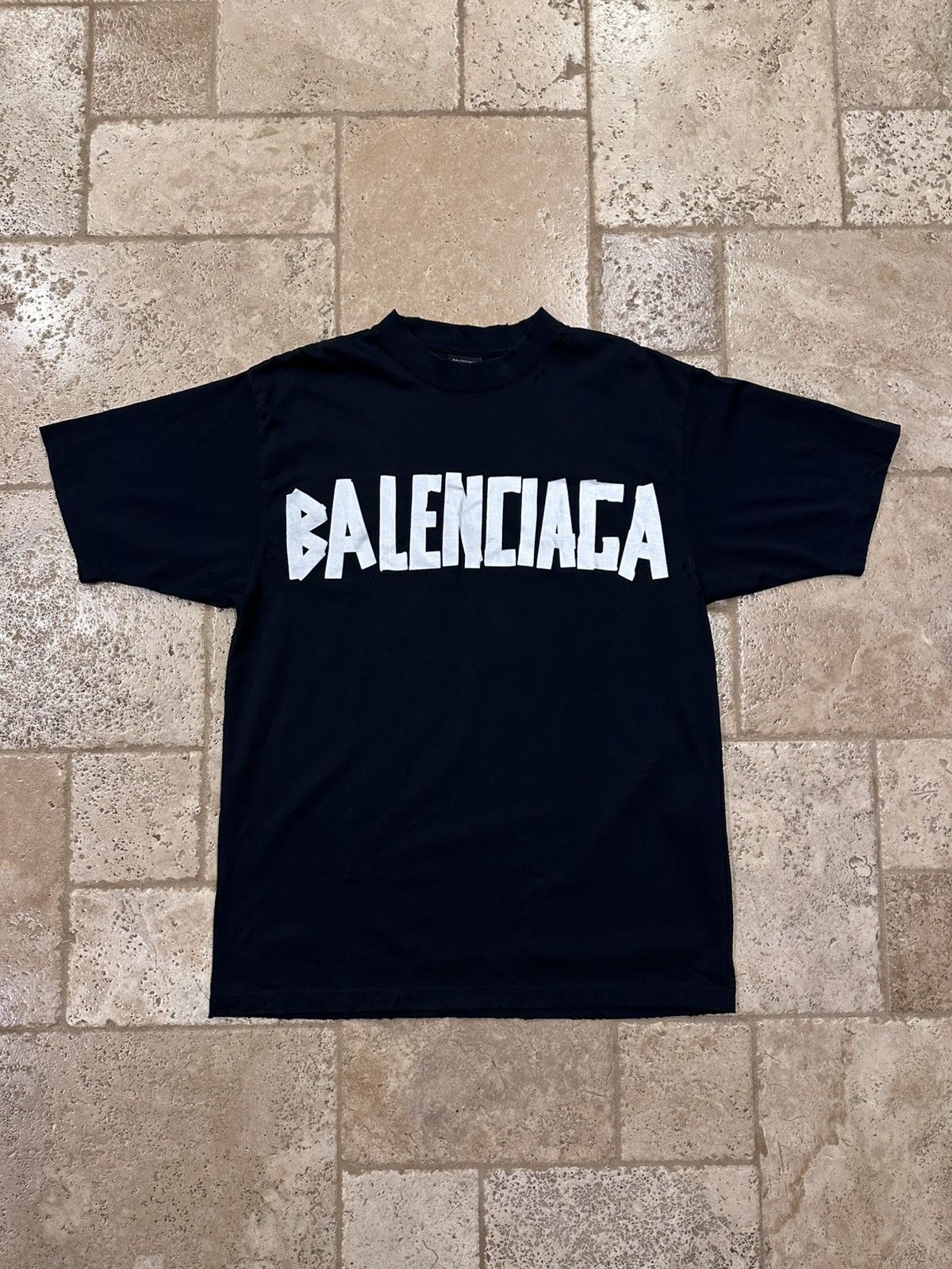 Balenciaga Balenciaga Distressed Type Silver Duct Tape Logo Black Tee Size US XS / EU 42 / 0 - 3 Thumbnail