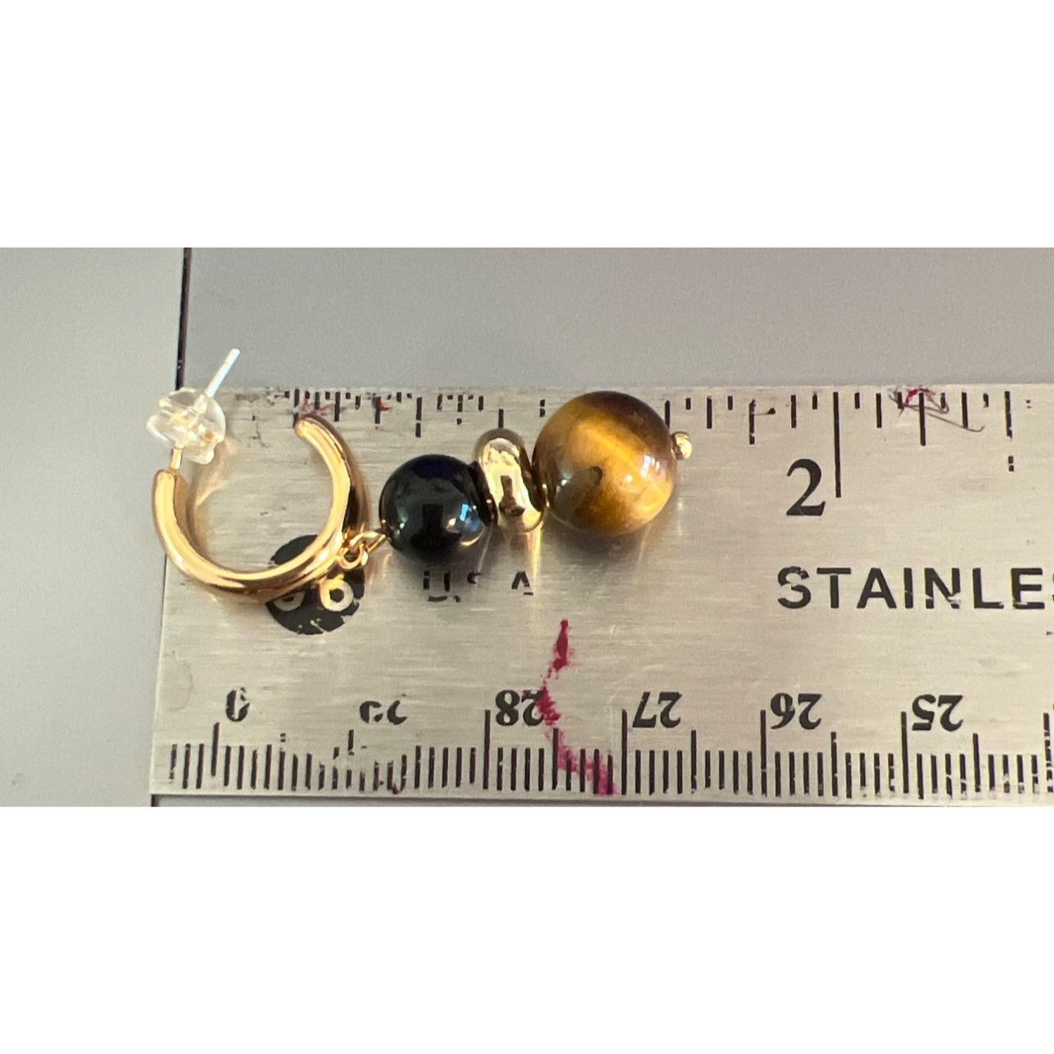 Other Vintage Gold Tone Tigers Eye Black Onyx Beaded Hoop Earrings Size ONE SIZE - 3 Thumbnail