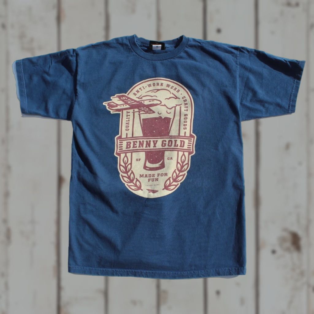 Vintage Benny Gold T-Shirt Blue M Unisex Adults Short Sleeve College Plane Beer Stay Gold Anti Work Wear SF Skateboard Proud Brand Mens Size US M / EU 48-50 / 2 - 1 Thumbnail