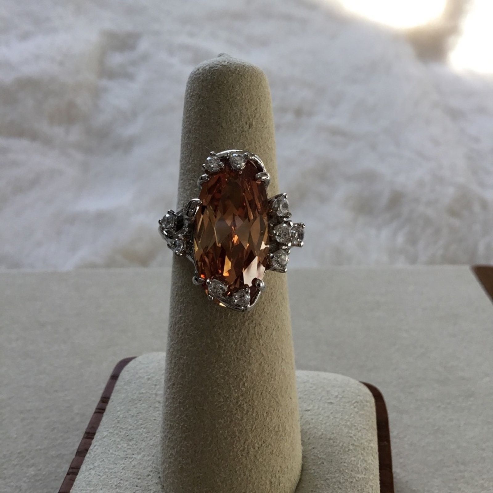 Elegant Silver Oval Yellow Crystal Cocktail Ring