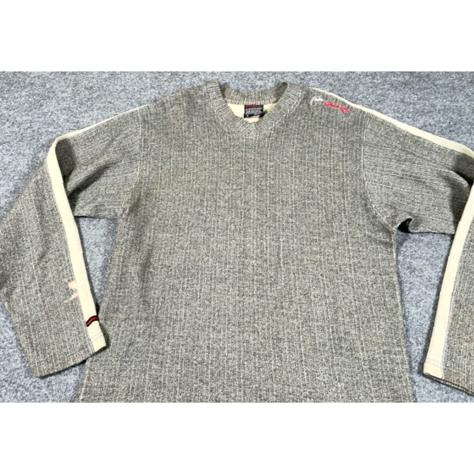 Fubu VINTAGE FUBU Sweater Adult Large Gray Beige V-Neck Ribbed Distressed VTG Y2K Skater Size US L / EU 52-54 / 3 - 8 Thumbnail