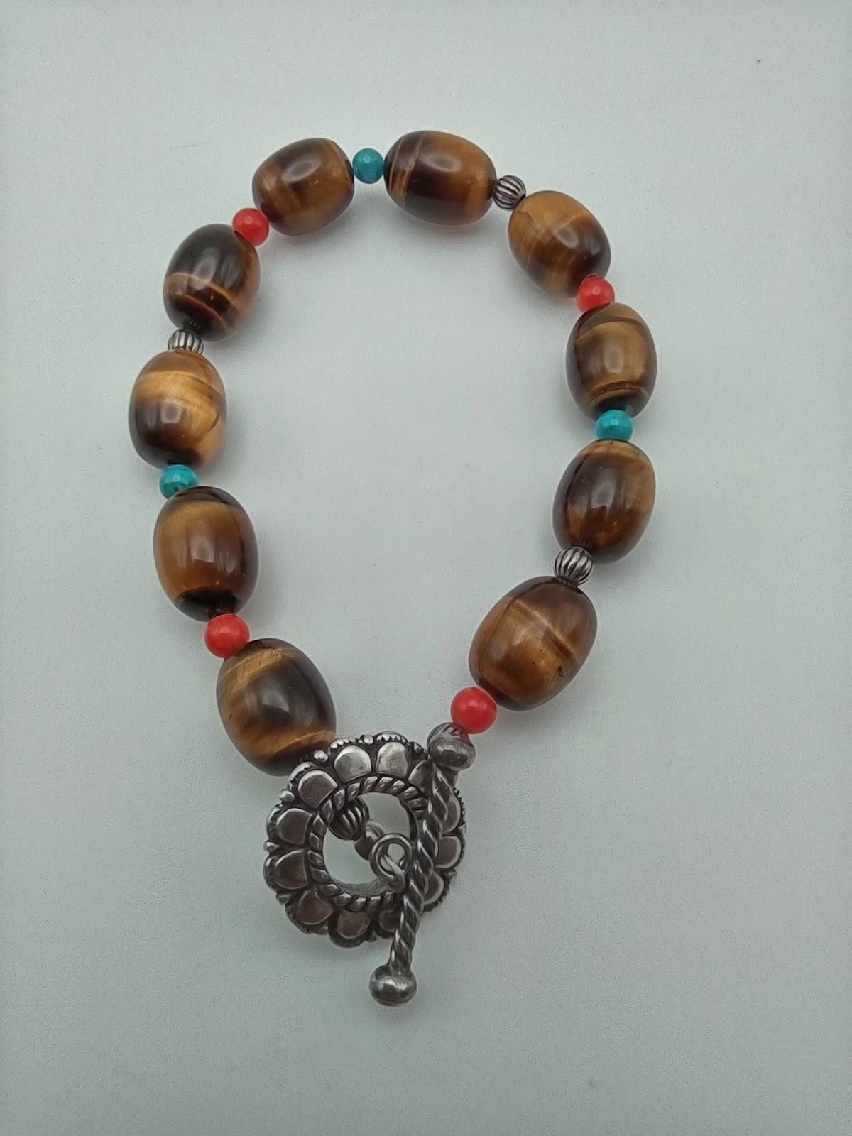 The Unbranded Brand Sterling Silver Tiger Eye Bead Bracelet Toggle 8 Inch Size ONE SIZE - 2 Thumbnail