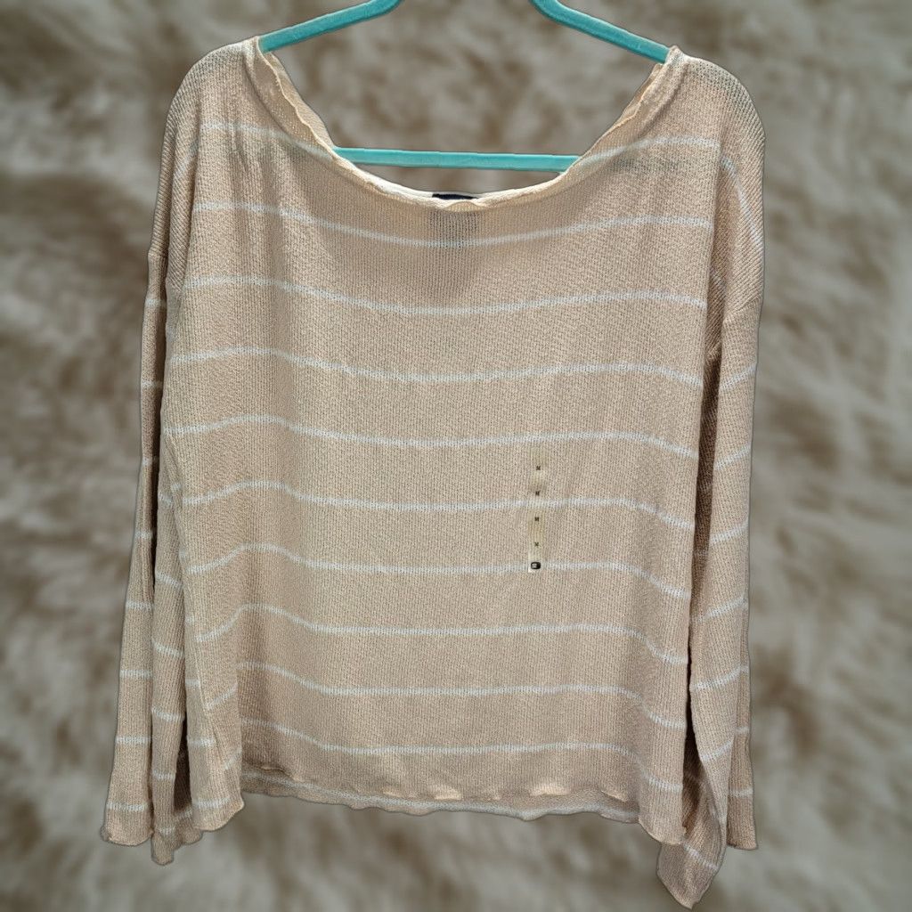 Vintage Day Trip Women's Sweater Knit Beige White Stripe Boat Neck Sz M NWT Pullover Rayon Polyester Knit Top Womens Use Only words from original title. Size M / US 6-8 / IT 42-44 - 1 Thumbnail