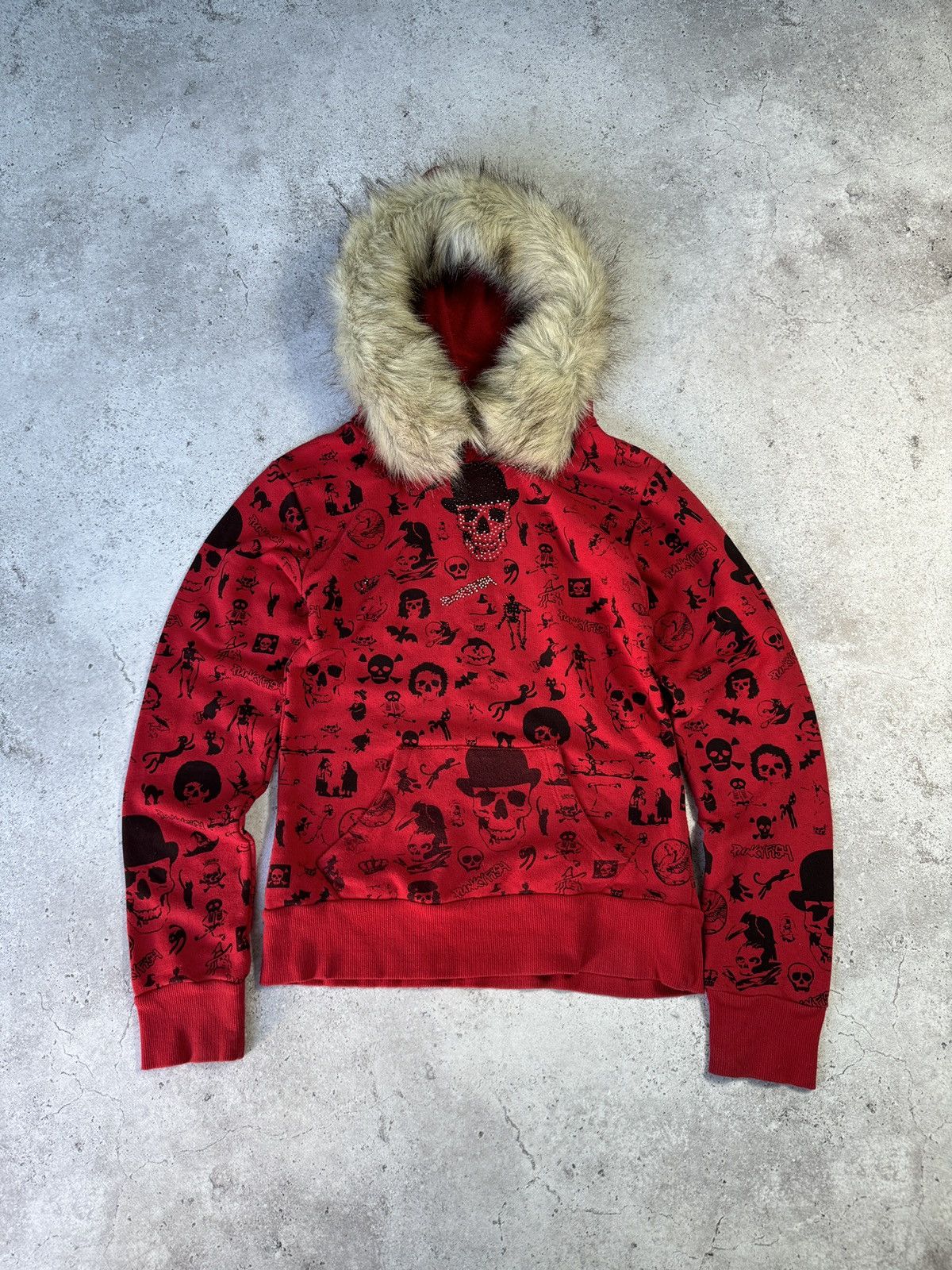 image of Beauty Beast x Hysteric Glamour Vintage Japanese Fur Hood Y2K Punkyfish Hoodie in Red (Size Small)