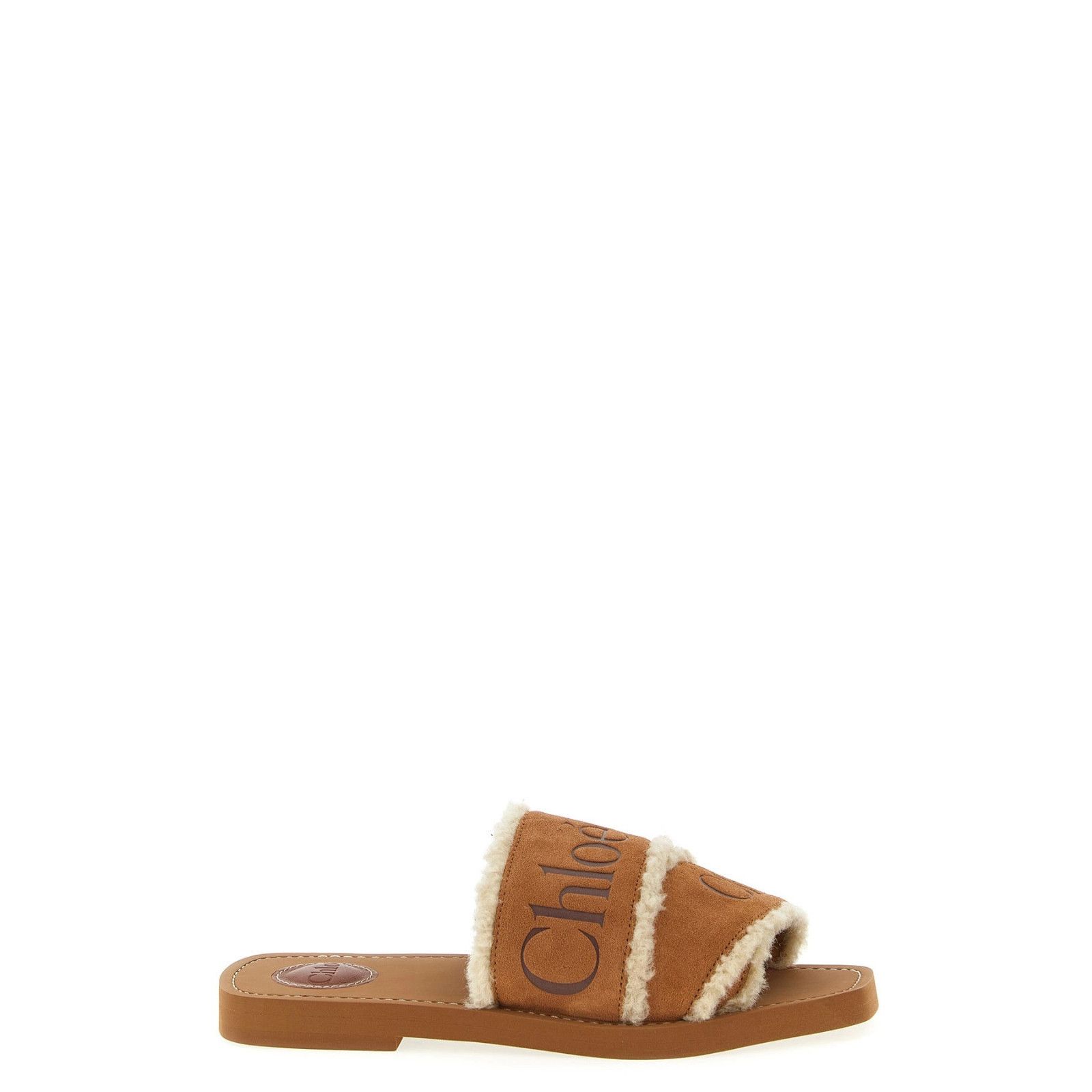 Chloe Brown Fur Slide Sandals New )