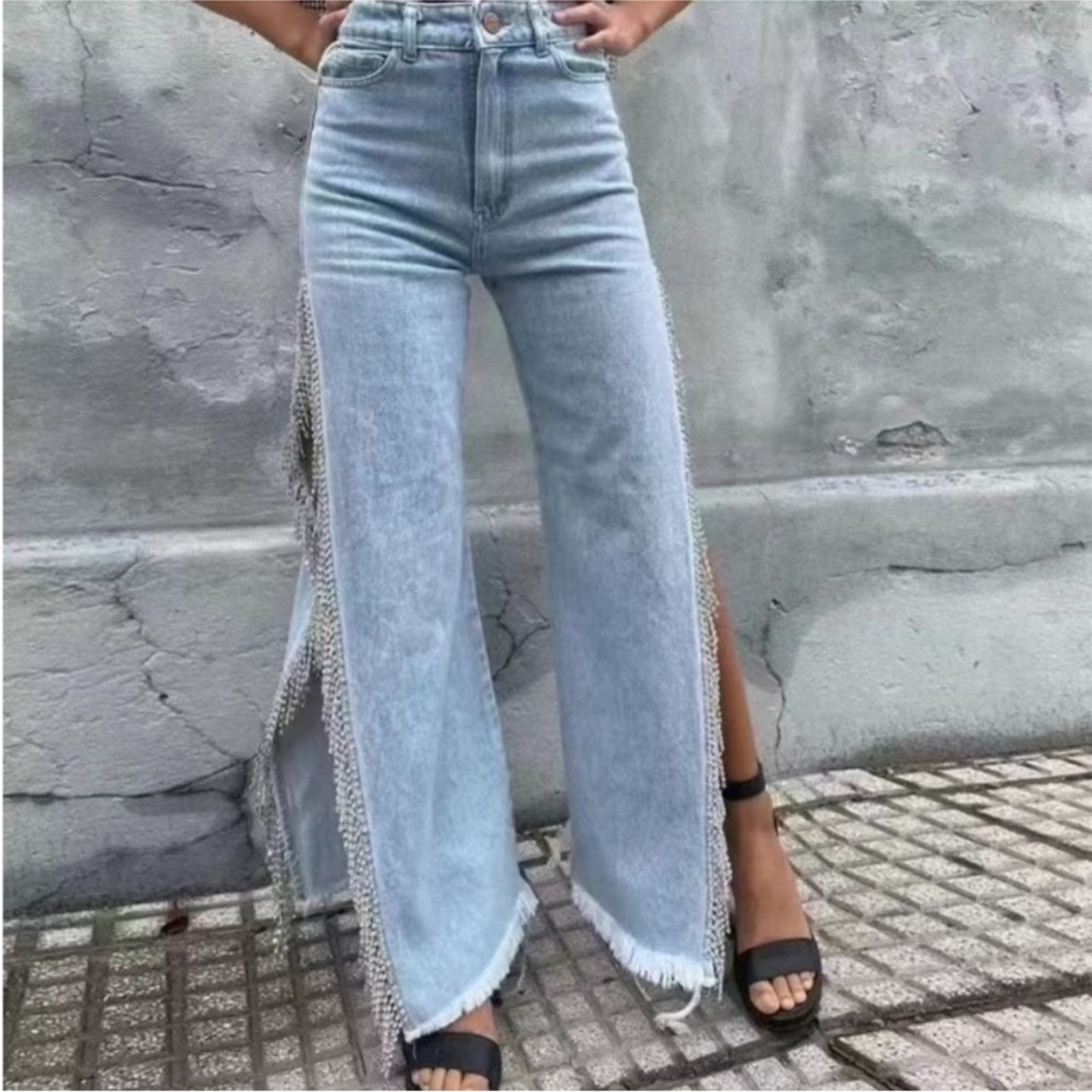 Other NEW Light Stretch Denim Crystal Fringe Tassel Split Leg Jean Size 28" / US 6 / IT 42 - 1 Thumbnail