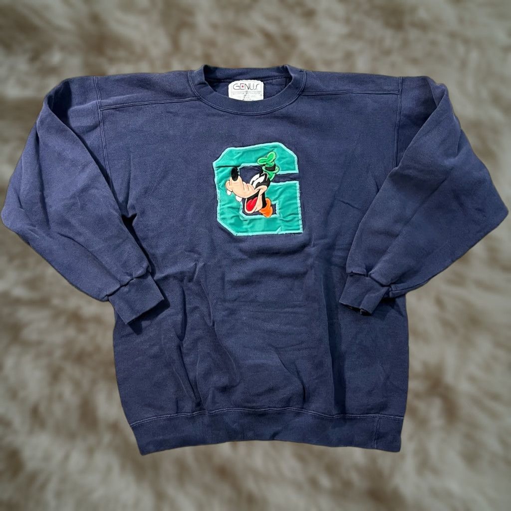 Vintage 90s Disney Goofy Sweatshirt Men’s Size Large Blue Made In USA University Cotton Polyester Fleece Logo