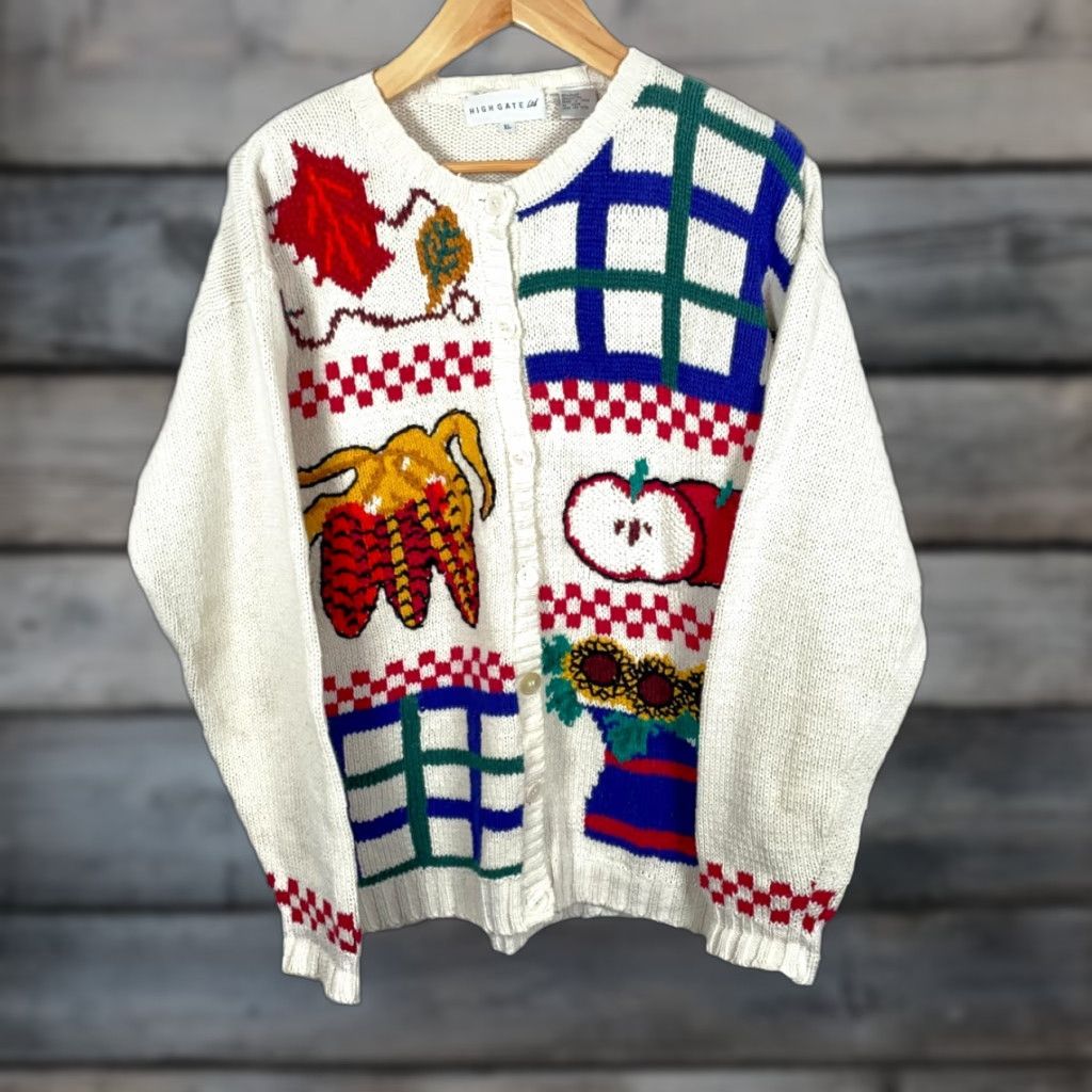 Apple VINTAGE 90s Teacher Motif Cardigan Women's XL Ivory Sweater Harvest Apple Novelty Highgate Size XL / US 12-14 / IT 48-50 - 1 Thumbnail