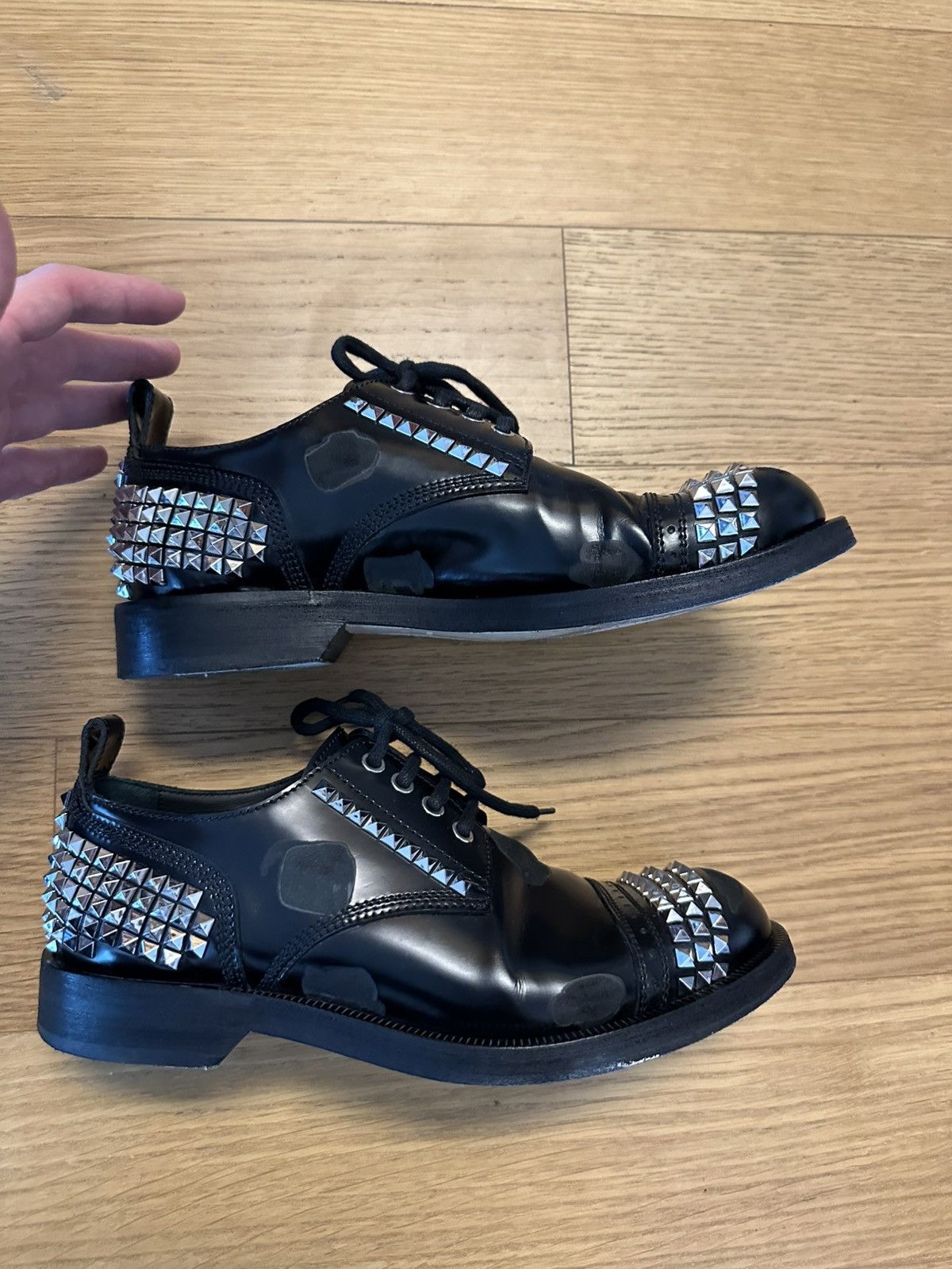 Loewe Loewe Black Distressed Leather Look Studded Oxfords Size 42 Size US 9 / EU 42 - 3 Thumbnail