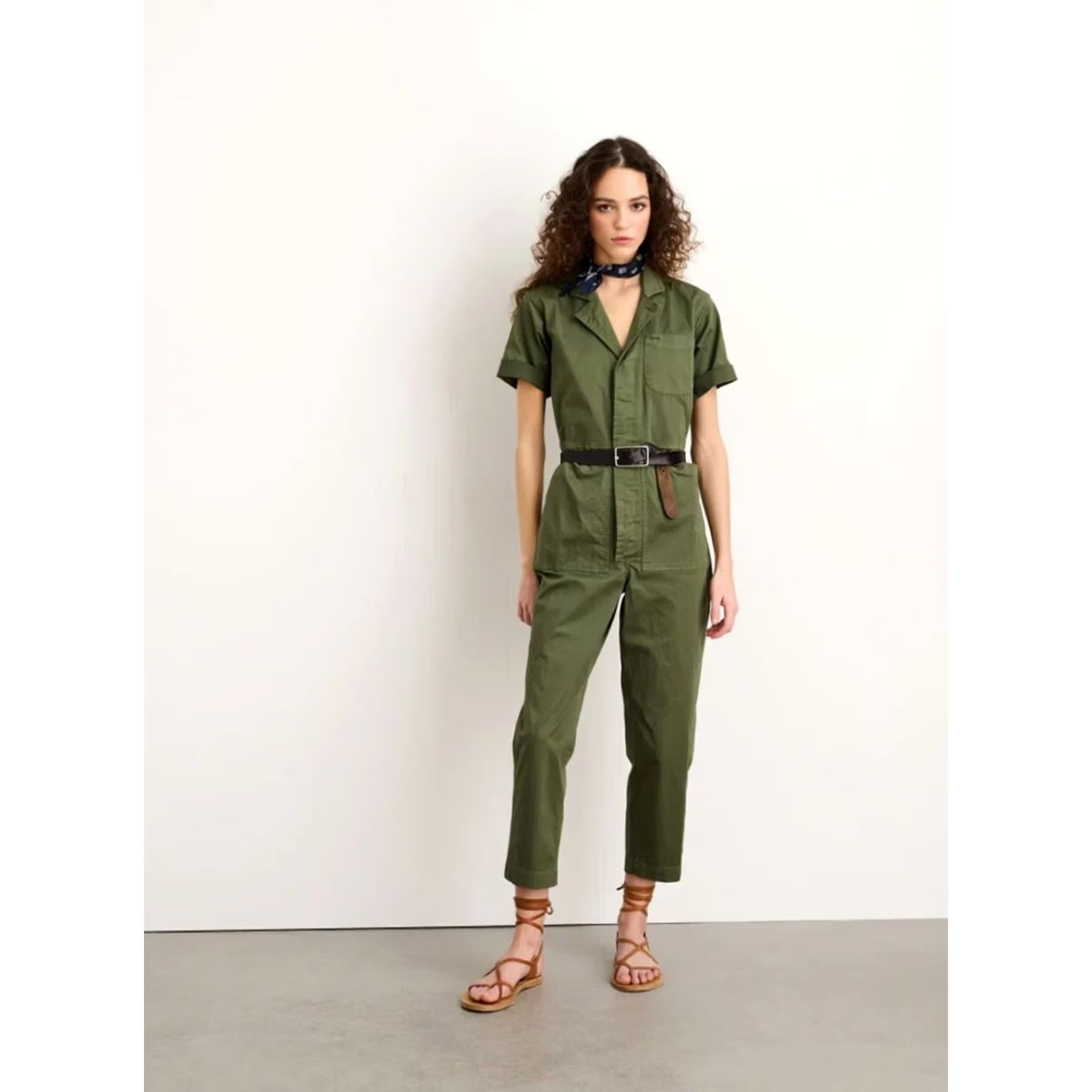 Alex Mill VINTAGE Alex Mill Jumpsuit Short Sleeve Womens XS Green Cotton Spandex Canvas Belted Pockets Cropped - Size 26" / US 2 / IT 38 - 2 Thumbnail