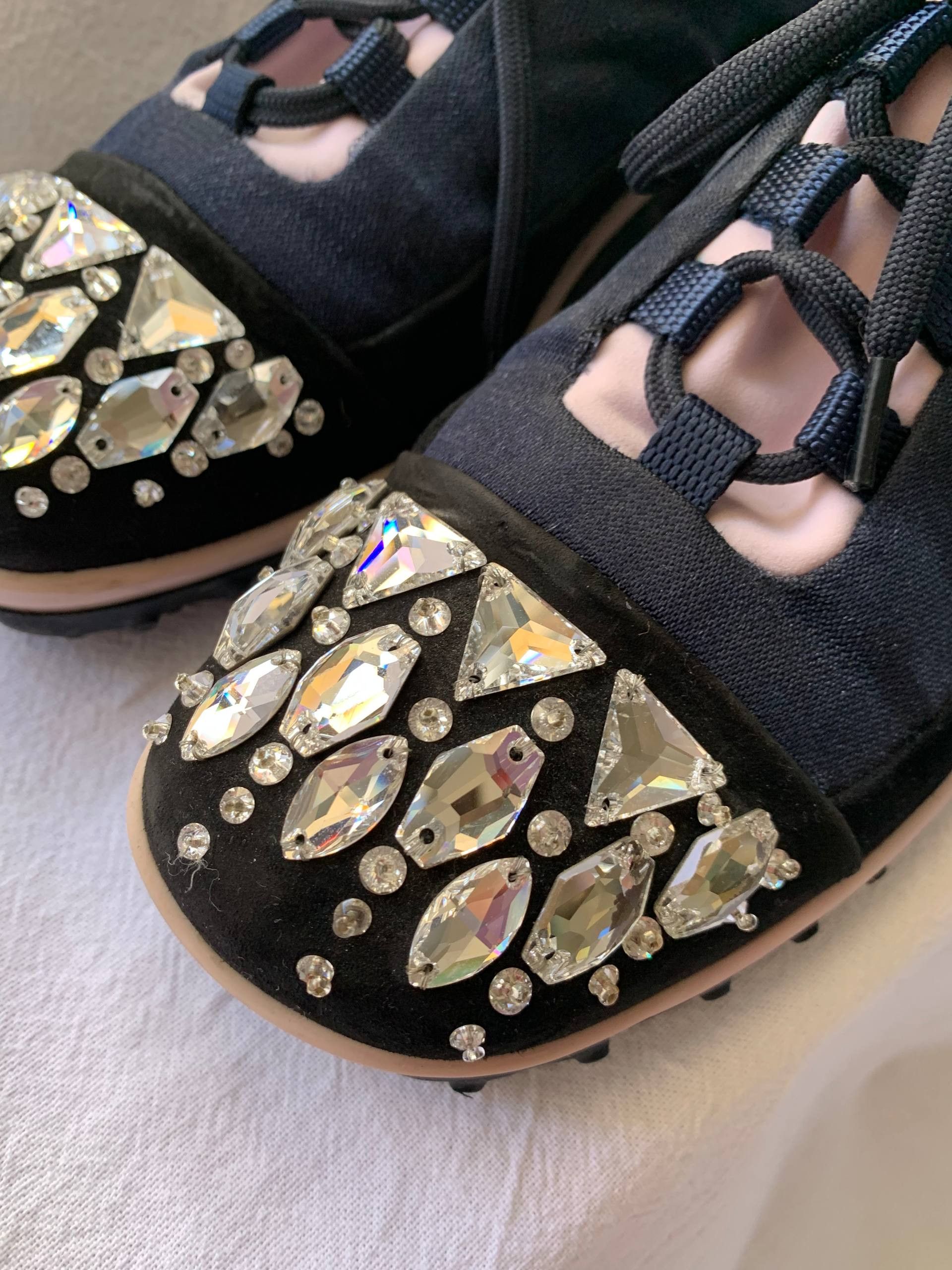 Miu Miu Crystal Embellished Neoprene Lace-Up Slip-On Sneakers Size US 4 / IT 34 - 2 Thumbnail
