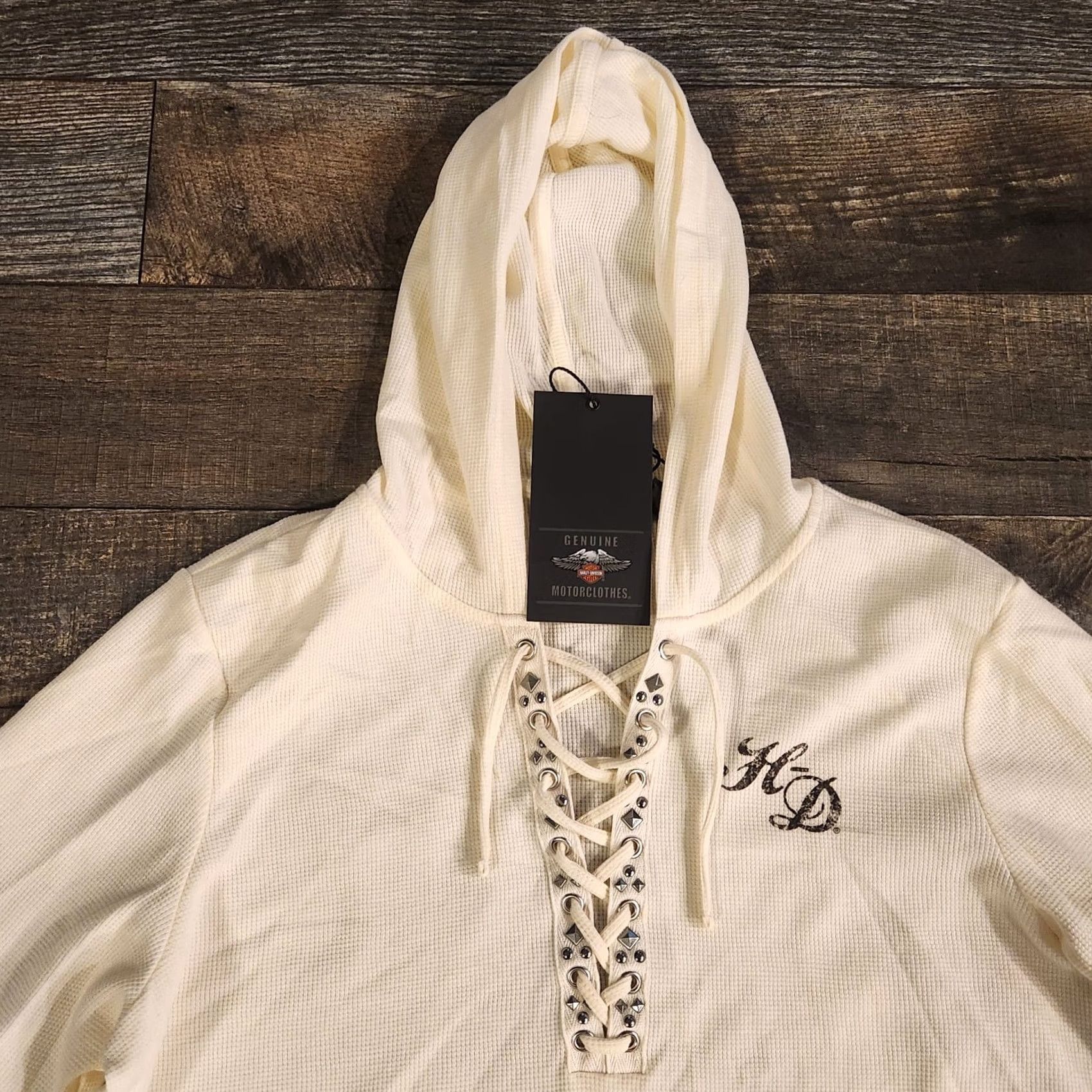 Harley Davidson Harley Davidson Hoodie Women's 2XL Waffle Knit Laced Studded Skull White Henley Size XXL / US 16-18 / IT 52-54 - 7 Thumbnail