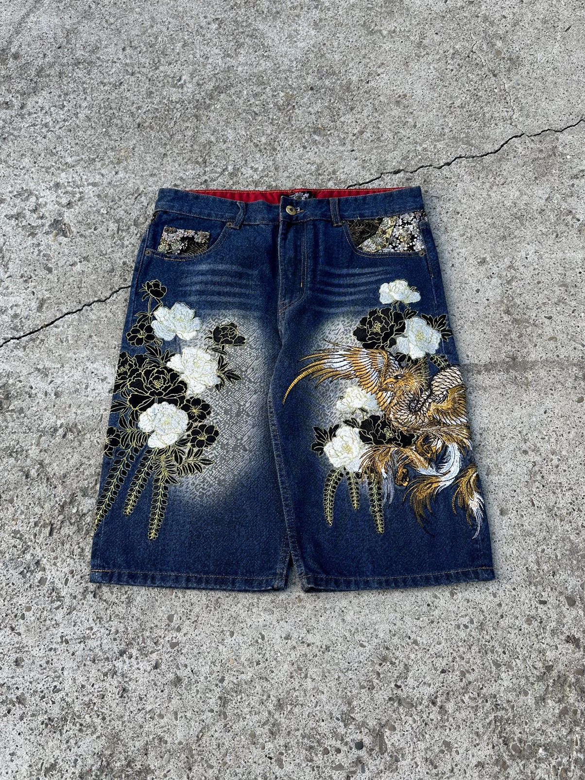 Image of Vintage Japanese Gold Phoenix Embroidered Baggy Jorts 90's in Blue, Men's (Size 34)