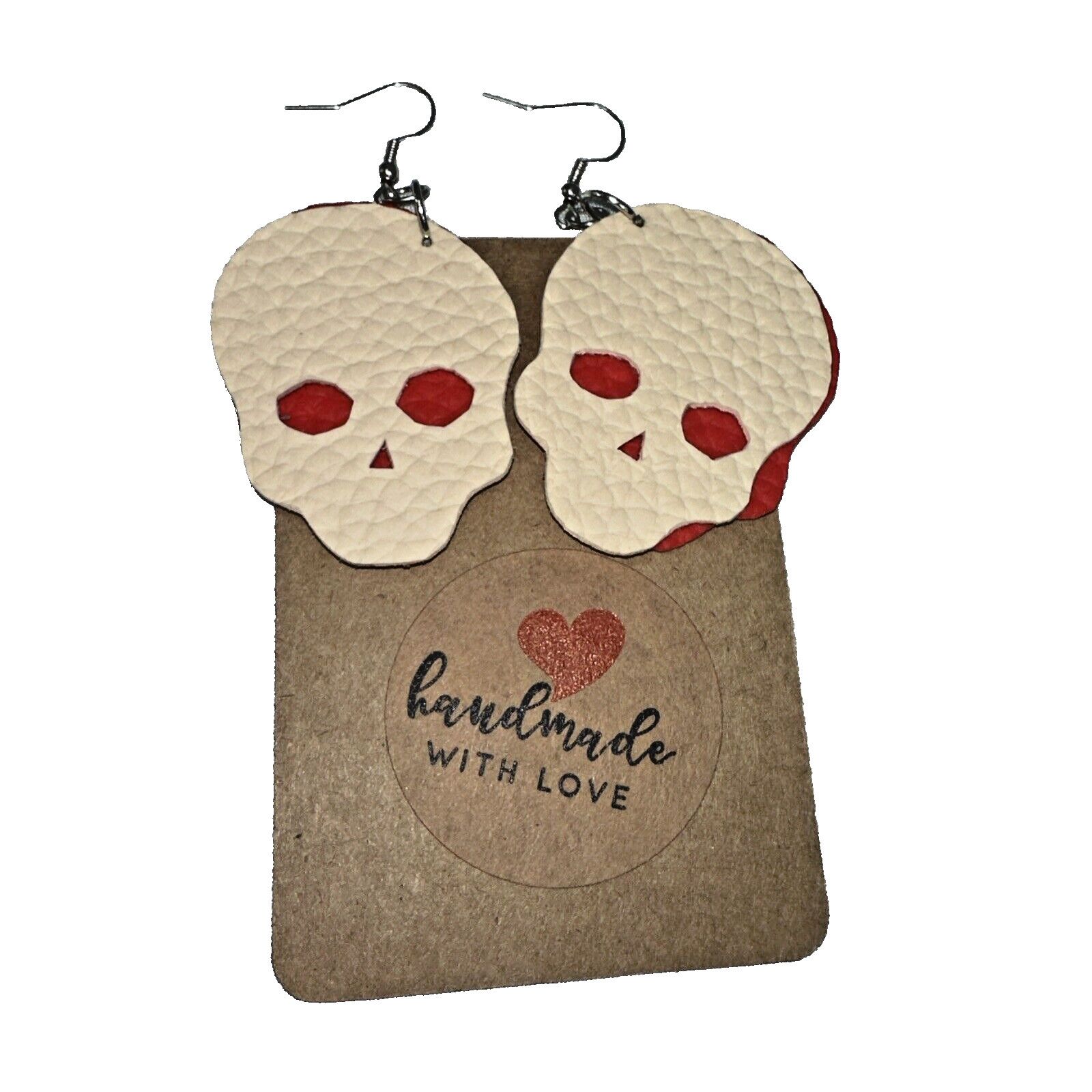 Handmade Hand-Made Halloween Skull Red White Pleather Hook Earrings Size ONE SIZE - 5 Thumbnail