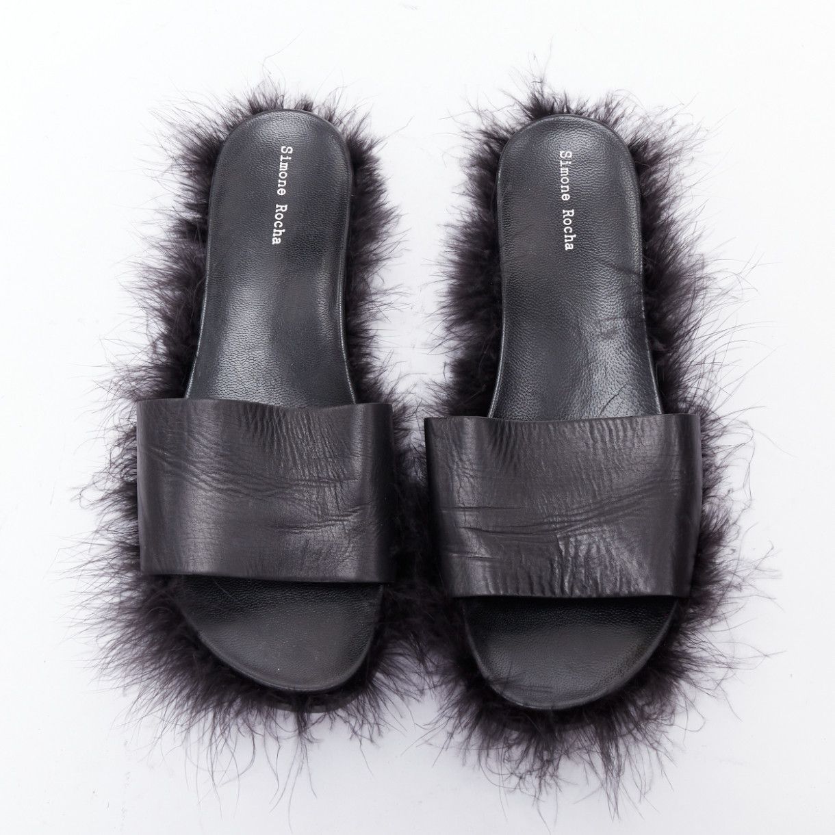Simone Rocha SIMONE ROCHA black feather trimmed leather flat slides mules EU38 Size US 8 / IT 38 - 1 Thumbnail