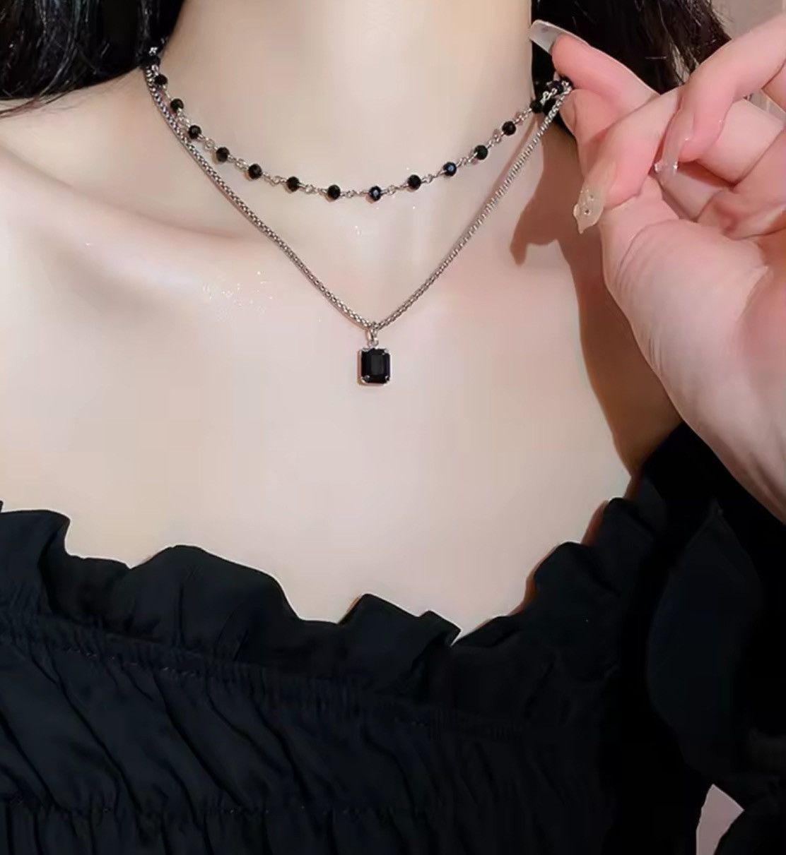 Jewelry Double Layered Black Stone Square Necklace Size ONE SIZE - 2 Thumbnail
