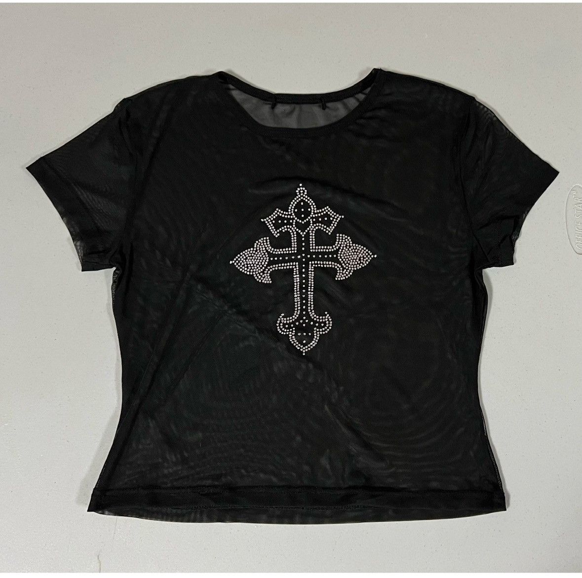 Vintage Black Diamond Gothic Cross Mesh Shirt Crop Top Tee Size M 💎 Size M / US 6-8 / IT 42-44 - 1 Thumbnail