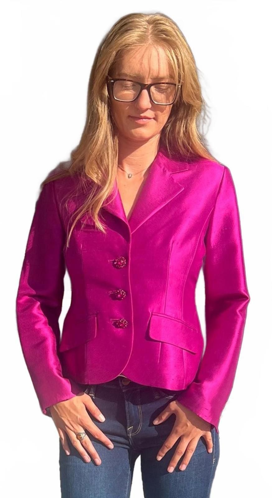 Bloomingdale's 80s Bloomingdale’s 2P Magenta Silk Blazer Rhinestone Buttons Size XS / US 0-2 / IT 36-38 - 1 Thumbnail