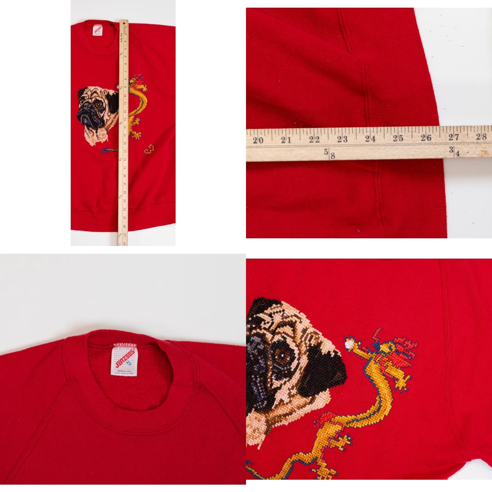 Jerzees VINTAGE Jerzees Sweatshirt Women XL Red Crew Neck Pug Dragon Embroidered Fleece 90s Vintage Dog USA Figurative Art Cozy Pullover Size XL / US 12-14 / IT 48-50 - 8 Thumbnail