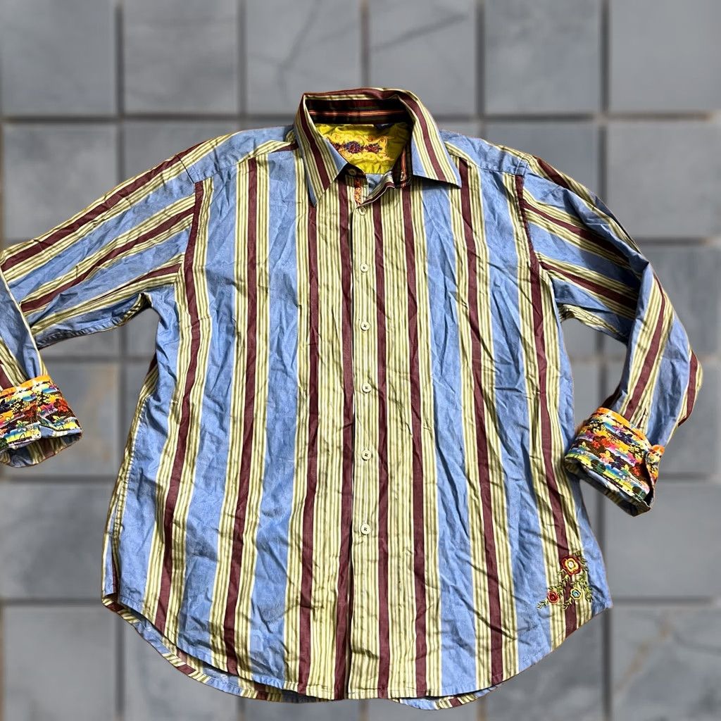 Robert Graham Robert Graham Shirt Mens XL Stripe Floral Flip Cuff Blue Button Up Long Sleeve Size US XL / EU 56 / 4 - 1 Thumbnail