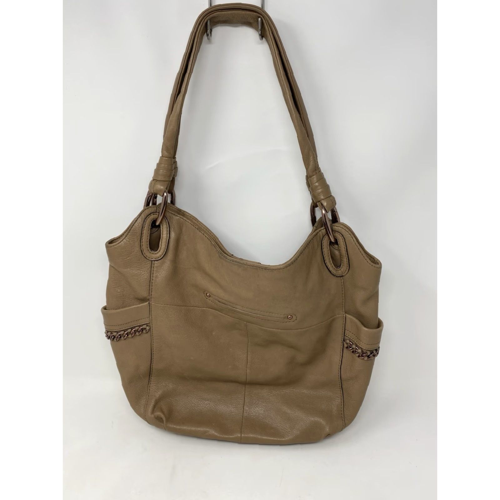 Vintage B. Makowsky Handbag Tan Soft Leather Shoulder Bag Chain Detail Snake Print Tote Size ONE SIZE - 4 Thumbnail