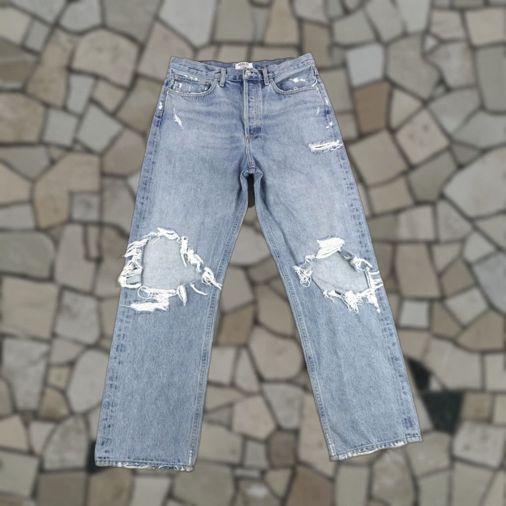 Agolde AGOLDE Jeans Womens 30x28 Light Blue Distressed Straight High Rise Button Fly 90s Size 30" / US 8 / IT 44 - 1 Thumbnail