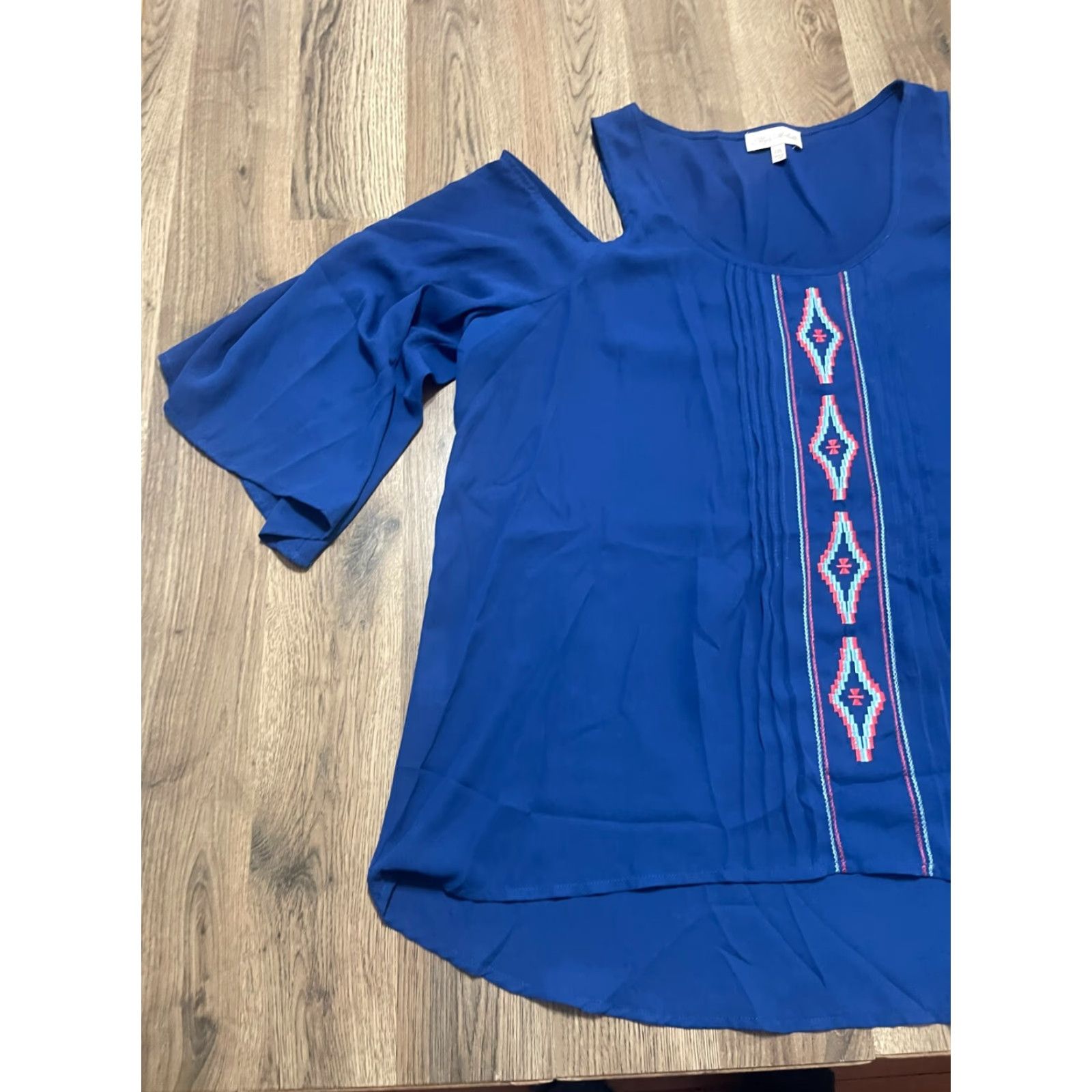 Vintage My Michelle Shirt Women's XXL Blue Orange Long Sleeve Open Shoulder Shirt Womens 2XL Orange Blue Open Shoulder Casual Modern 90s? Size XXL / US 16-18 / IT 52-54 - 3 Thumbnail