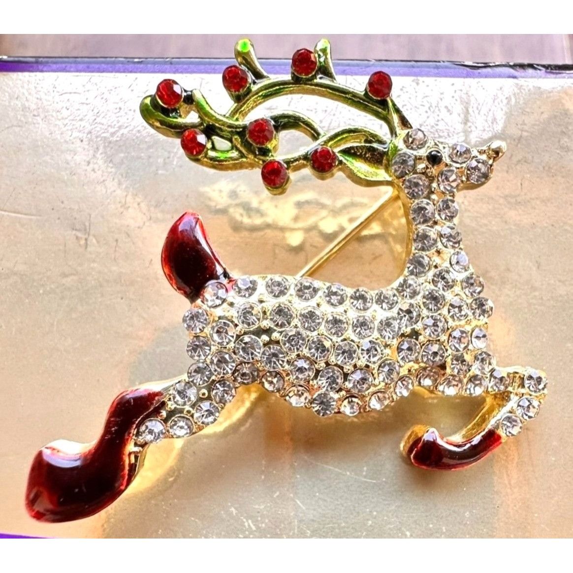 Handmade Reindeer Brooch Pin Rudolph Christmas Eve New Crystal Accent Size ONE SIZE - 3 Thumbnail