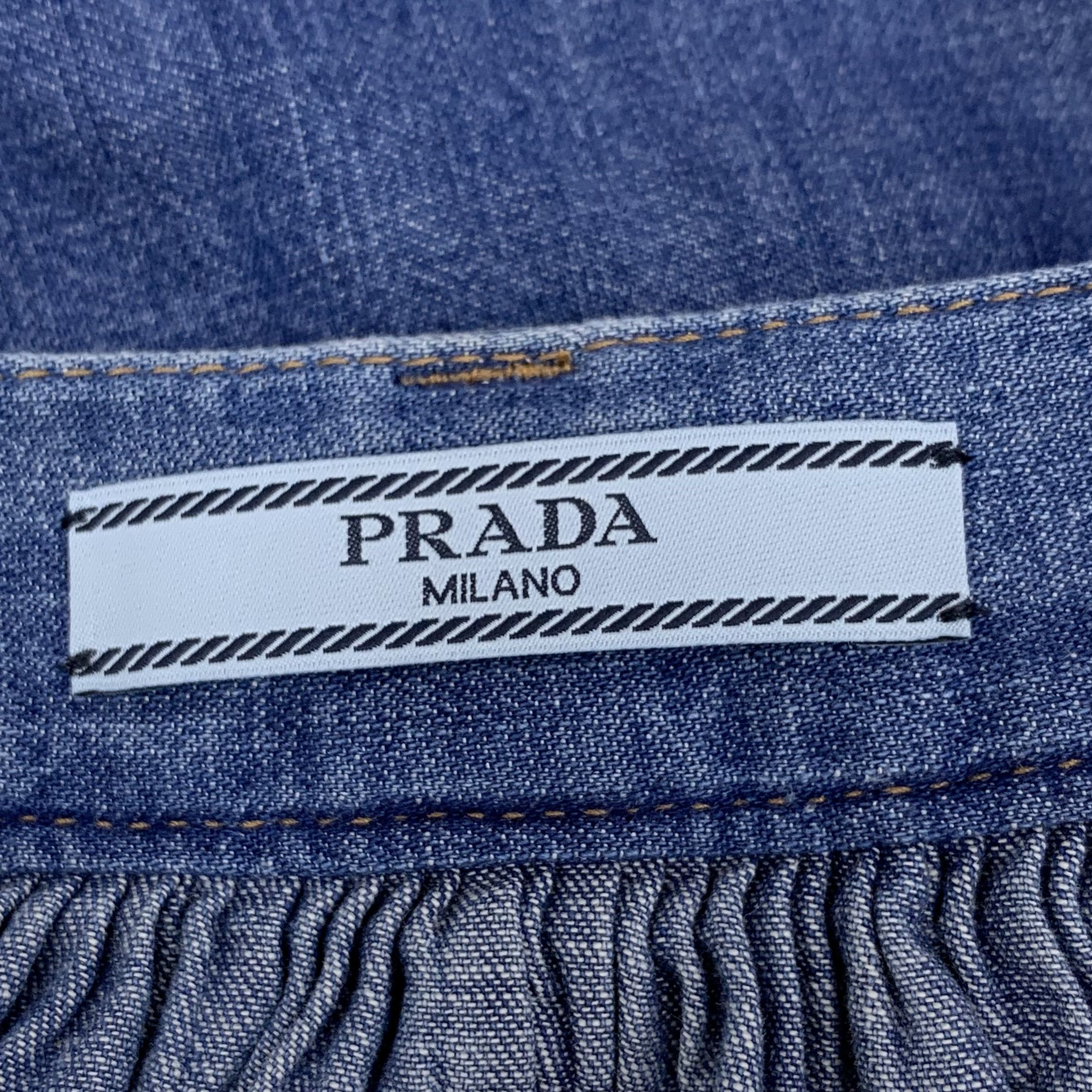 Prada Prada Blue Belted Buckle Cotton Pleated Denim Skirt (Size M) Size 40" / US 18 - 2 Thumbnail