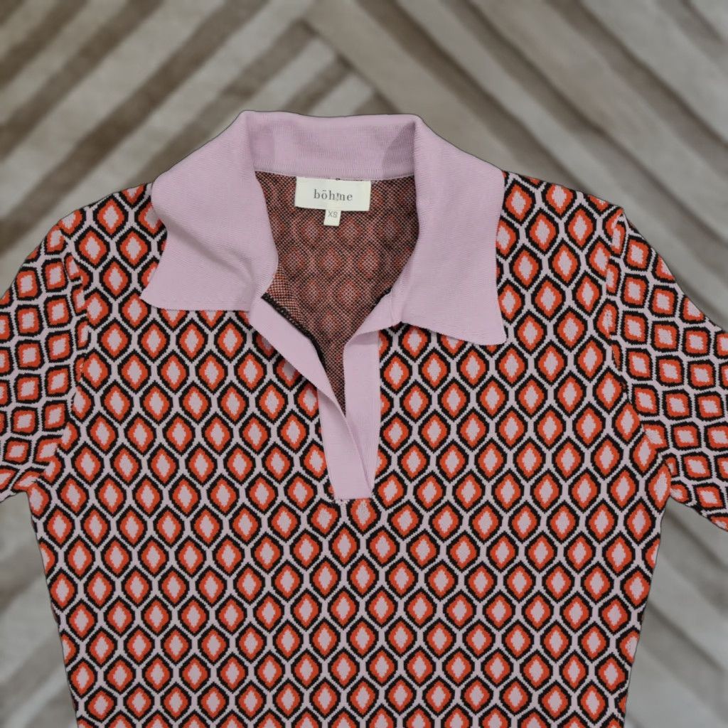 Pinko Bohme Dress Womens XS Mini Knit Retro Orange Pink Short Sleeve Collared Casual Size XS / US 0-2 / IT 36-38 - 1 Thumbnail