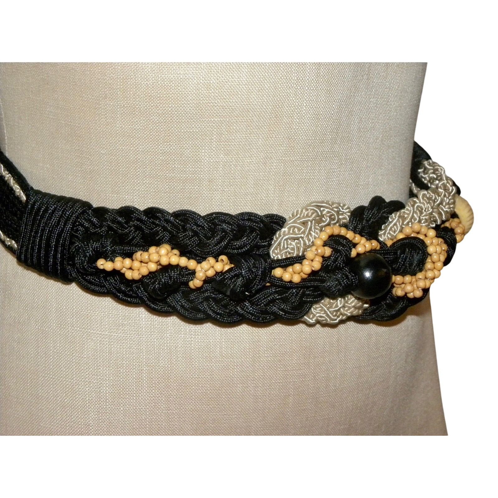 Vintage 80s Boho Cord & Wood Bead Belt | Art to Wear Gypsy Black Tan Size ONE SIZE - 8 Thumbnail