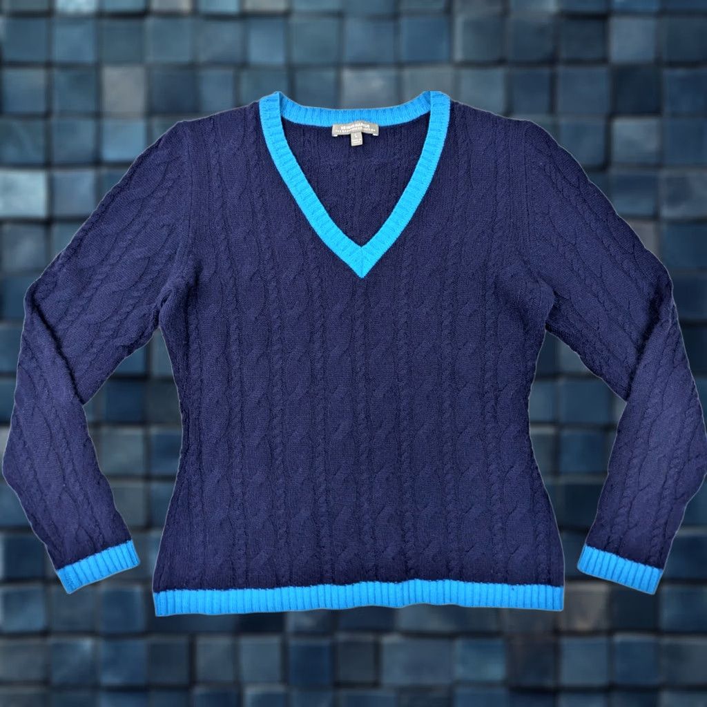 Neiman Marcus Neiman Marcus Cashmere Collection Cable Knit Ribbed Rope V-Neck Women L Blue Sweater Size L / US 10 / IT 46 - 1 Thumbnail